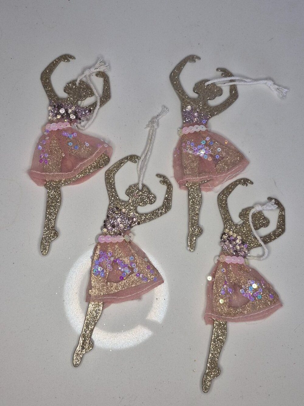 Christmas Ballerina Ornaments Lot of 4 Gold Glitter Pink Tulle Tutu EUC
